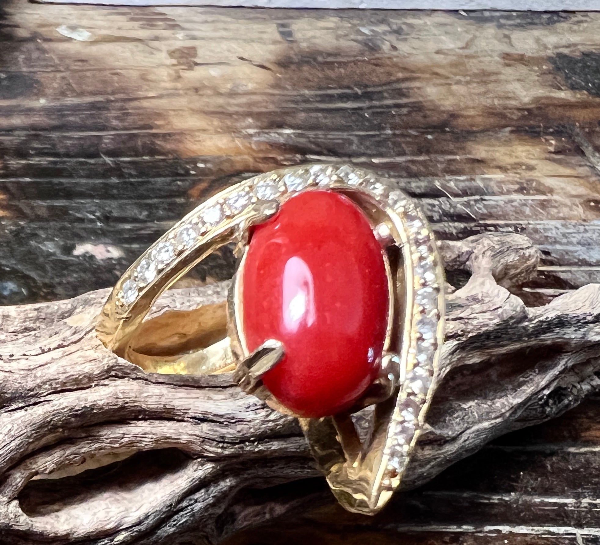 Coral/diamond ring